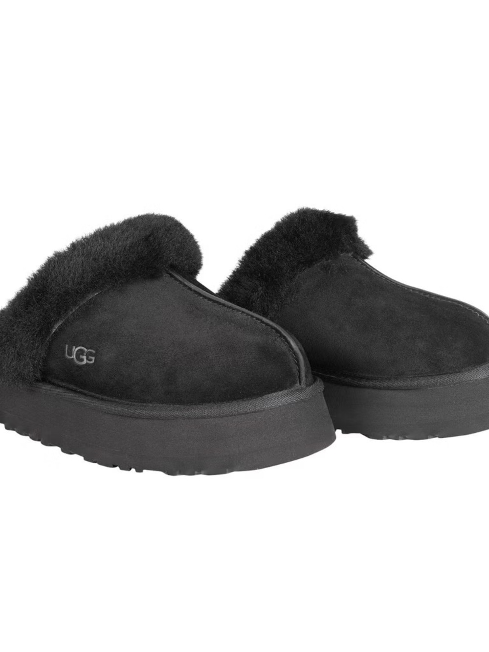 New UGG Women's Disquette Slipper Black Slip On Size 6 Platform Fur Slipper - Picture 1 of 14